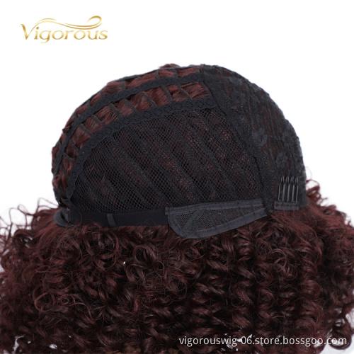 Glueless Short Manufacturers Wholesale With Bang Hot Selling Wine Red Bob Cut Heat Resistant Kinky Synthetic Wigs Curly